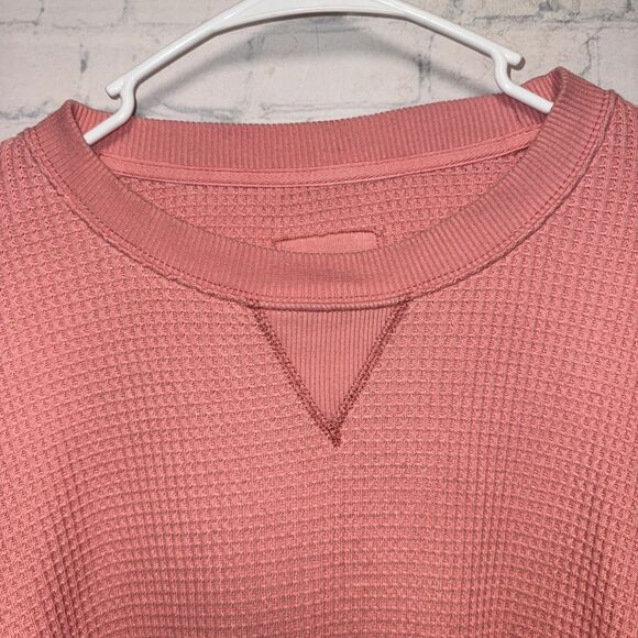 Aerie The Sweat Waffle Knit Crew Neck Sweatshirt Pink Coral Women's Large Henley - Picture 2 of 6